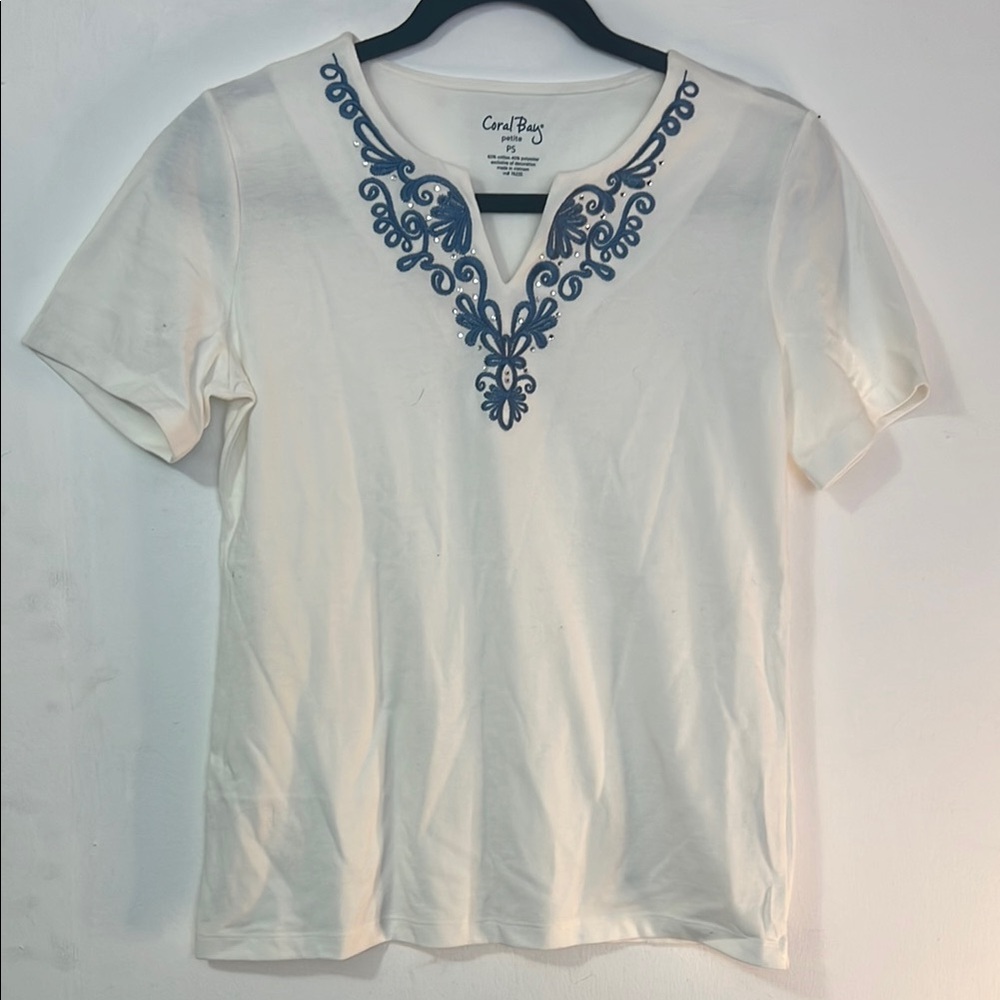 Carol Rose White Top with Blue Embroidery